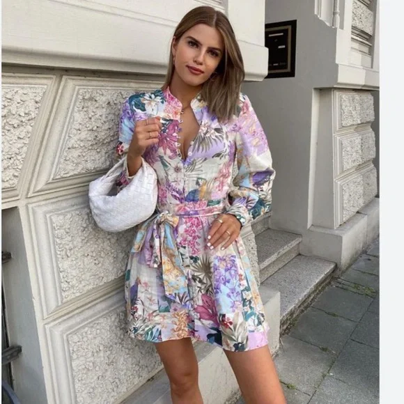 Zara Floral Parrot Button Up Belted Mini Linen Dress XS blogger fav - Picture 2 of 12